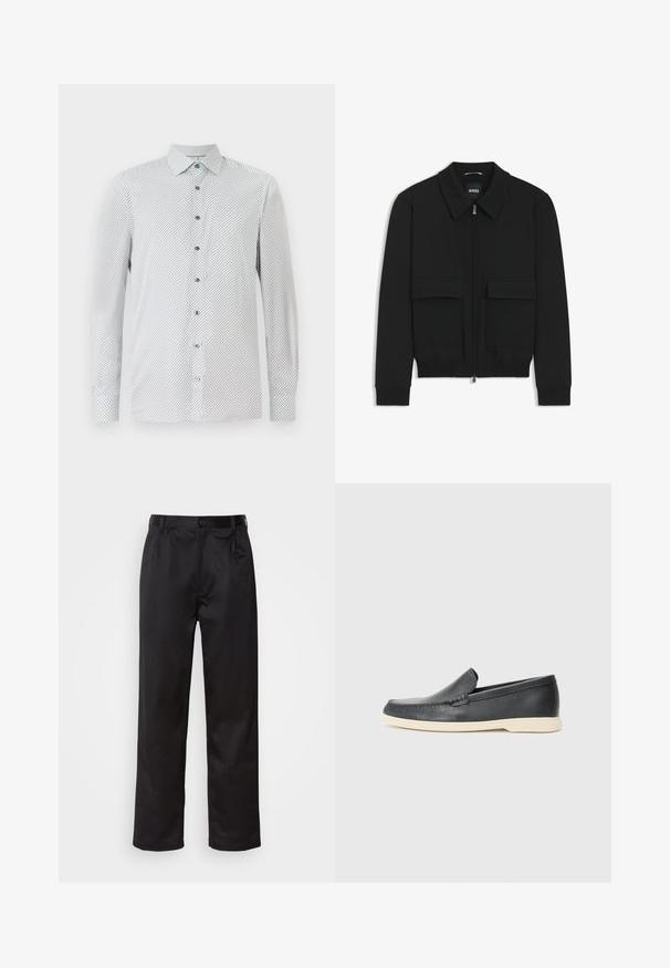 Schwarze Bikerjacke mit Kragen, Reißverschluss vorne und zwei großen Taschen mit Klappen. Mit Rippstrickbündchen und Saum, aus strukturiertem Stoff gefertigt.; Weißes Langarmhemd mit kleinem schwarzem geometrischem Muster, grünen Knöpfen und spitzem Kragen. Reguläre Passform mit knöpfbaren Manschetten.; Schwarze Hosen aus glattem Stoff, mit einem Knopfverschluss vorne, Falten und geraden Beinen. Keine sichtbaren Muster oder Akzente.; Schwarze Leder-Slipper mit strukturiertem Finish und einer kontrastierenden beige Gummisohle. Mit einem dezenten Akzent an der Vorderseite.