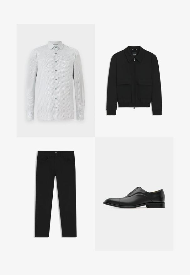 Giacca bomber nera con colletto, chiusura a zip frontale e due grandi tasche con patta. Presenta polsini e orlo a costine, realizzata in tessuto testurizzato.; Camicia bianca a maniche lunghe con un piccolo motivo geometrico nero, bottoni verdi e colletto a punta. Vestibilità regolare con polsini abbottonati.; Pantaloni in denim nero con taglio dritto, dotati di vita standard, cinque tasche e chiusura con bottone. Texture liscia su tutta la superficie.; Scarpa da uomo in pelle nera con texture liscia, punta arrotondata e cinque occhielli. Presenta un tacco basso impilato e dettagli di cucitura sottili.