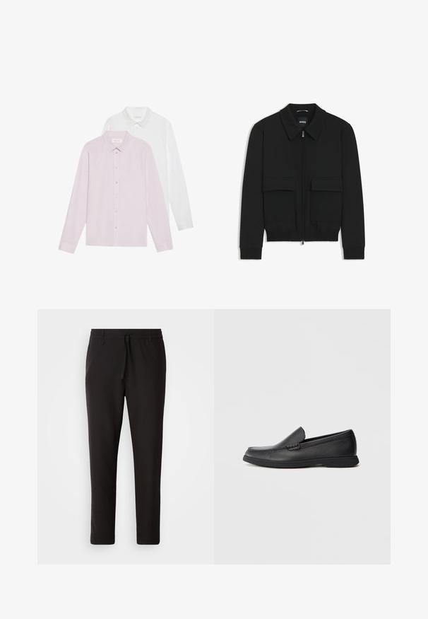 Giacca bomber nera con colletto, chiusura a zip frontale e due grandi tasche con patta. Presenta polsini e orlo a costine, realizzata in tessuto testurizzato.; Due camicie a maniche lunghe: una rosa chiaro, l'altra bianca. Entrambe presentano colletti a punta e chiusure con bottoni. Tessuto liscio senza fantasie.; Pantaloni jogger neri realizzati in tessuto liscio. Presentano una vita elasticizzata con stringa, gambe affusolate e senza tasche visibili. Design semplice.; Mocassino slip-on in pelle nera con sopra testurizzato, punta arrotondata, tacco basso e suola in gomma, mostrato in profilo laterale su sfondo bianco.