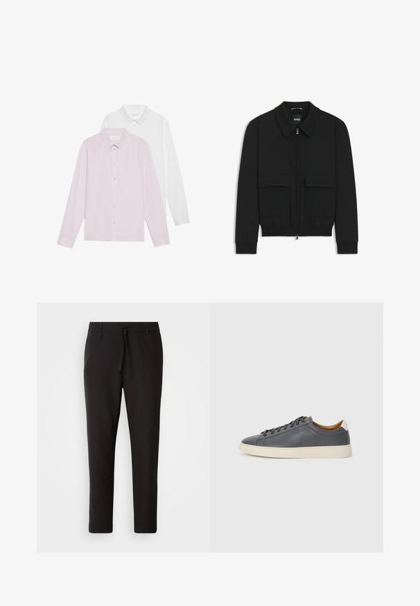 Black bomber jacket with a collared neck, zip front, and two large flap pockets. Features ribbed cuffs and hem, made of textured fabric.; Two long-sleeve shirts: one light pink, one white. Both feature pointed collars and button closures. Smooth fabric with no patterns.; Black jogger pants made of smooth fabric. Feature an elastic waistband with a drawstring, tapered legs, and no visible pockets. Simple design.; Gray leather sneaker with round toe, rubber sole, flat laces, and light-colored accents on the heel. Smooth texture and minimalist design.