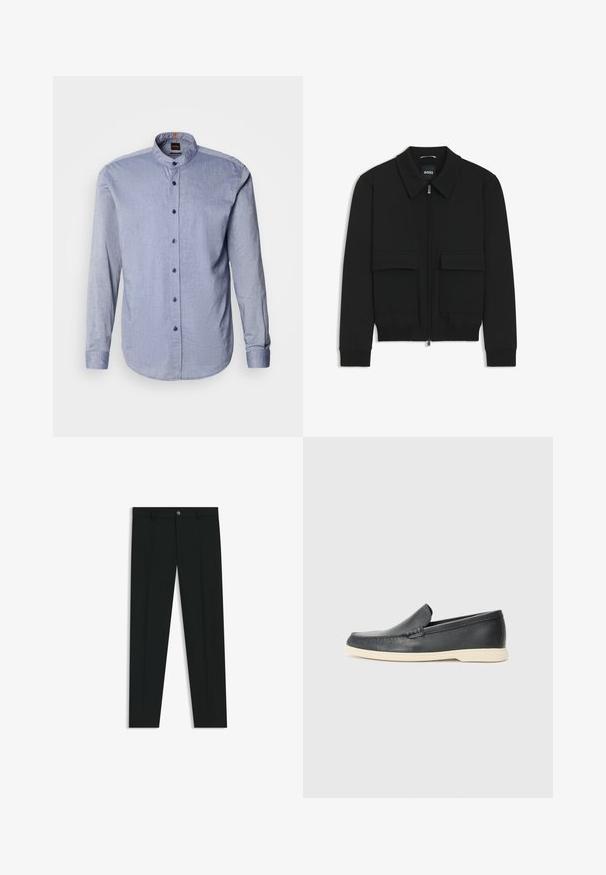 Giacca bomber nera con colletto, chiusura a zip frontale e due grandi tasche con patta. Presenta polsini e orlo a costine, realizzata in tessuto testurizzato.; Camicia button-up in tessuto azzurro chiaro, con colletto a bandiera, maniche lunghe e bottoni blu scuro. Texture morbida con un motivo sottile.; Pantaloni neri in tessuto lisci, con design a gamba dritta. Presentano una chiusura frontale con bottone e passanti per cintura. Senza fantasie.; Mocassini neri in pelle con finitura testurizzata e suola in gomma beige a contrasto. Presentano un accento sottile lungo la parte anteriore.