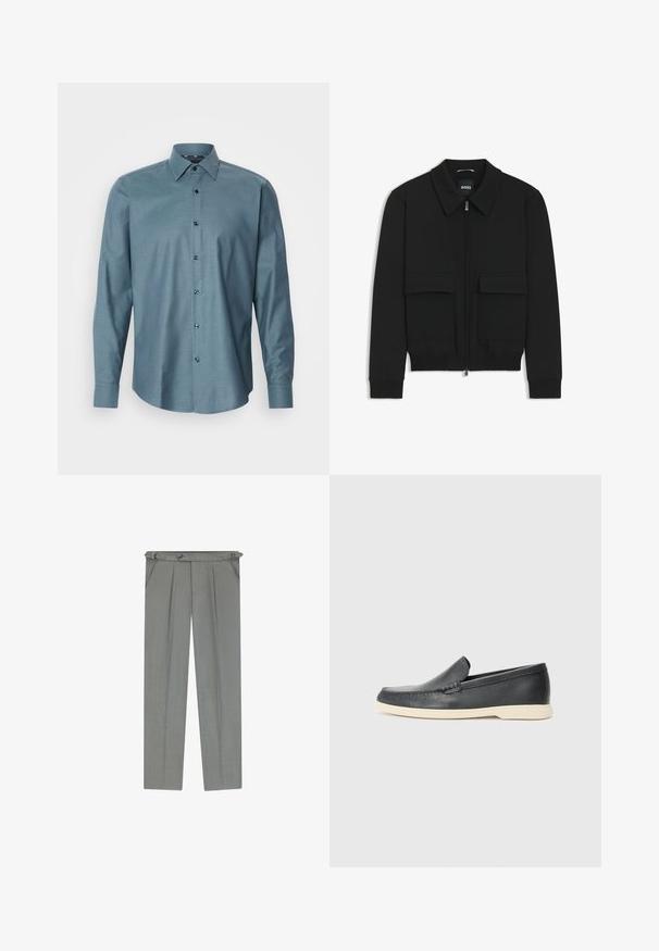 Giacca bomber nera con colletto, chiusura a zip frontale e due grandi tasche con patta. Presenta polsini e orlo a costine, realizzata in tessuto testurizzato.; Camicia button-up a maniche lunghe in teal con un motivo testurizzato, colletto a punta e bottoni scuri. Presenta una vestibilità tradizionale e un orlo curvo.; Pantaloni beige chiaro su misura con una finitura tessurizzata, caratterizzati da pieghe, passanti per cintura e chiusura a bottone in vita.; Mocassini neri in pelle con finitura testurizzata e suola in gomma beige a contrasto. Presentano un accento sottile lungo la parte anteriore.