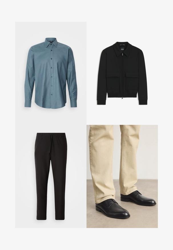 Black bomber jacket with a collared neck, zip front, and two large flap pockets. Features ribbed cuffs and hem, made of textured fabric.; Long-sleeve, teal button-up shirt with a textured pattern, pointed collar, and dark buttons. Features a traditional fit and curved hem.; Black jogger pants made of smooth fabric. Feature an elastic waistband with a drawstring, tapered legs, and no visible pockets. Simple design.; Black leather lace-up shoes with a rounded toe, smooth finish, and subtle stitching details, worn with light beige pants.