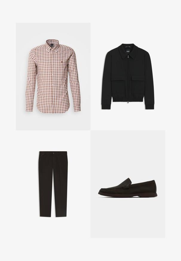 Czarna kurtka bomberka z kołnierzykiem, zapinana na zamek, z dwiema dużymi kieszeniami z klapami. Posiada ściągacze na mankietach i dole, wykonana z teksturowanej tkaniny.; Brązowa i biała koszula w kratę z długim rękawem, z kołnierzykiem zapinanym na guziki oraz haftowanym logo na klatce piersiowej. Tekstura bawełnianej tkaniny.; Czarne spodnie z prostymi nogawkami, wykonane z gładkiego materiału. Posiadają zapięcie na guzik i przednie kieszenie. Brak widocznych wzorów lub akcentów.; Ciemnobrązowe zamszowe wsuwane mokasyny z przeszytym noskiem, niskoprofilową gumową podeszwą i teksturowanymi akcentami na cholewce.