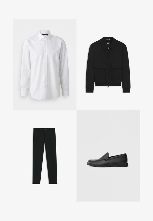 Schwarze Bikerjacke mit Kragen, Reißverschluss vorne und zwei großen Taschen mit Klappen. Mit Rippstrickbündchen und Saum, aus strukturiertem Stoff gefertigt.; Weißes Langarmhemd aus Baumwolle. Verfügt über einen klassischen Kragen, eine Knopfleiste und eine glatte Textur mit subtiler glänzenden Oberfläche.; Schwarze Anzughosen mit geradem Bein, aus glattem Stoff. Mit Knopfverschluss vorne und Gürtelschlaufen. Schlicht ohne Muster.; Schwarze Leder Slipper mit strukturiertem Obermaterial, runder Zehenform, niedrigem Absatz und Gummisohle, seitlich auf weißem Hintergrund abgebildet.