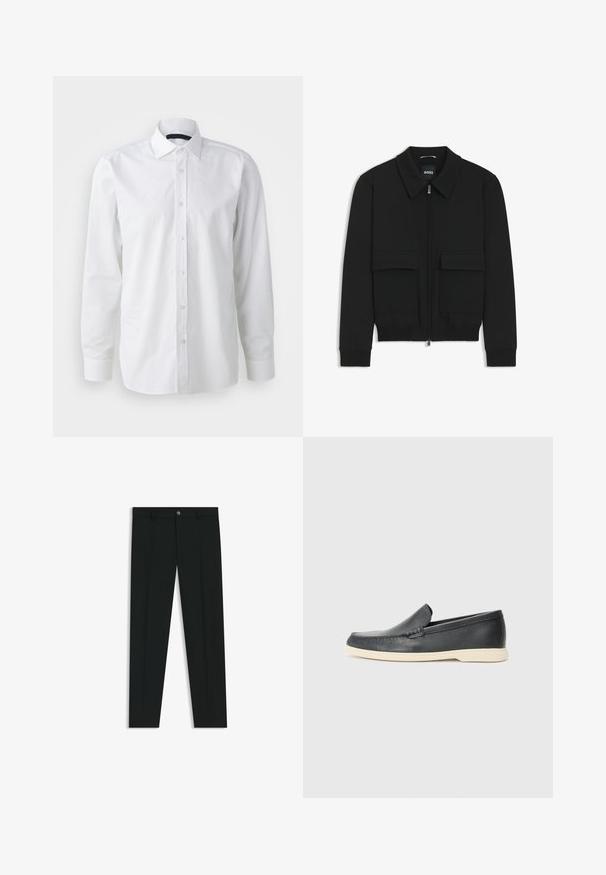 Sort bomberjakke med krave, lynlås foran og to store klaplommer. Har ribbede manchetter og bund, lavet af struktureret stof.; Hvid skjorte med lange ærmer lavet af bomuld. Har en klassisk krave, knaplukning foran og en glat tekstur med en let glans.; Sorte dressbukser med lige ben-design, lavet af glat stof. Har en frontlukning med knap og bæltestropper. Enkle uden mønstre.; Sorte læder slip-on loafers med en struktureret overflade og en kontrasterende beige gummisål. Har en subtil detalje langs forsiden.