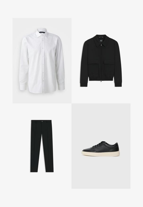 Schwarze Bikerjacke mit Kragen, Reißverschluss vorne und zwei großen Taschen mit Klappen. Mit Rippstrickbündchen und Saum, aus strukturiertem Stoff gefertigt.; Weißes Langarmhemd aus Baumwolle. Verfügt über einen klassischen Kragen, eine Knopfleiste und eine glatte Textur mit subtiler glänzenden Oberfläche.; Schwarze Anzughosen mit geradem Bein, aus glattem Stoff. Mit Knopfverschluss vorne und Gürtelschlaufen. Schlicht ohne Muster.; Schwarzer niedriger Ledersneaker mit schwarzen Schnürsenkeln und cremefarbenem Sohlenrand, seitlich auf weißem Hintergrund dargestellt.
