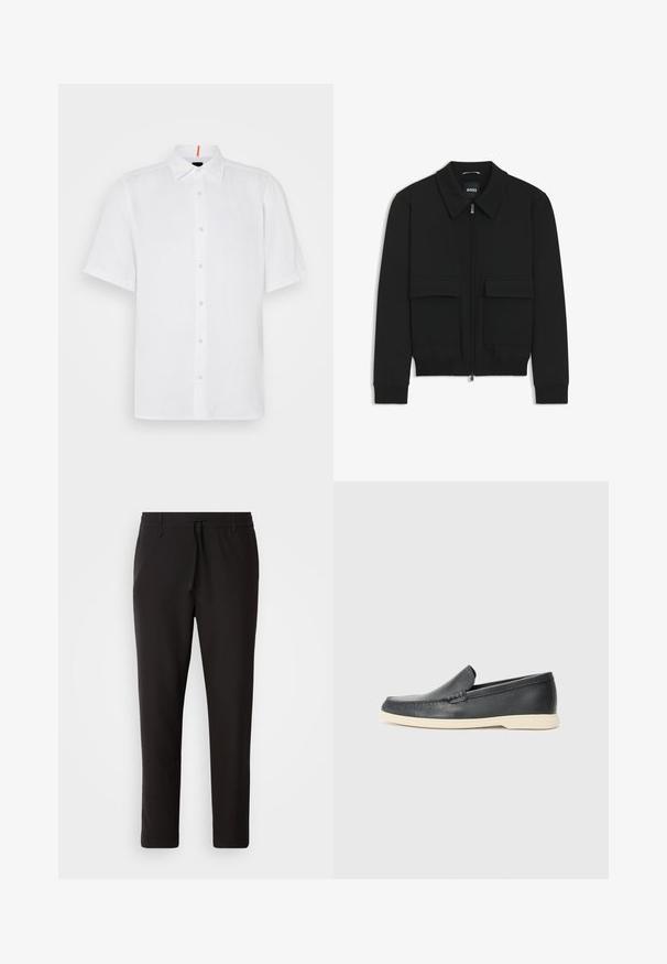 Giacca bomber nera con colletto, chiusura a zip frontale e due grandi tasche con patta. Presenta polsini e orlo a costine, realizzata in tessuto testurizzato.; Camicia bianca a maniche corte in lino con taglio dritto. Presenta una chiusura a bottoni sul davanti, colletto classico e dettagli di cucitura discreti.; Pantaloni jogger neri realizzati in tessuto liscio. Presentano una vita elasticizzata con stringa, gambe affusolate e senza tasche visibili. Design semplice.; Mocassini neri in pelle con finitura testurizzata e suola in gomma beige a contrasto. Presentano un accento sottile lungo la parte anteriore.