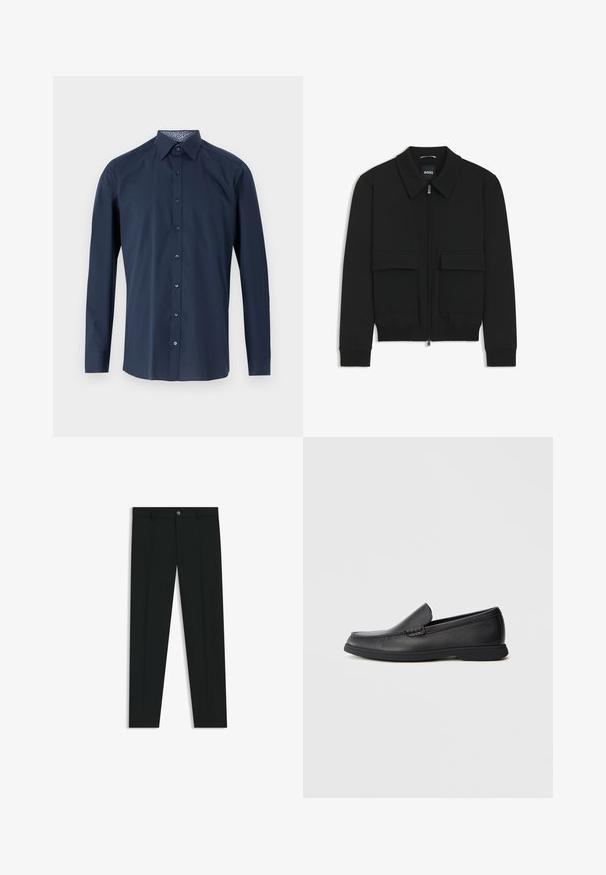 Giacca bomber nera con colletto, chiusura a zip frontale e due grandi tasche con patta. Presenta polsini e orlo a costine, realizzata in tessuto testurizzato.; Maglietta a maniche lunghe blu navy con chiusura a bottoni, colletto classico e design a fantasia all'interno del colletto. Tessuto liscio, vestibilità sartoriale.; Pantaloni neri in tessuto lisci, con design a gamba dritta. Presentano una chiusura frontale con bottone e passanti per cintura. Senza fantasie.; Mocassino slip-on in pelle nera con sopra testurizzato, punta arrotondata, tacco basso e suola in gomma, mostrato in profilo laterale su sfondo bianco.