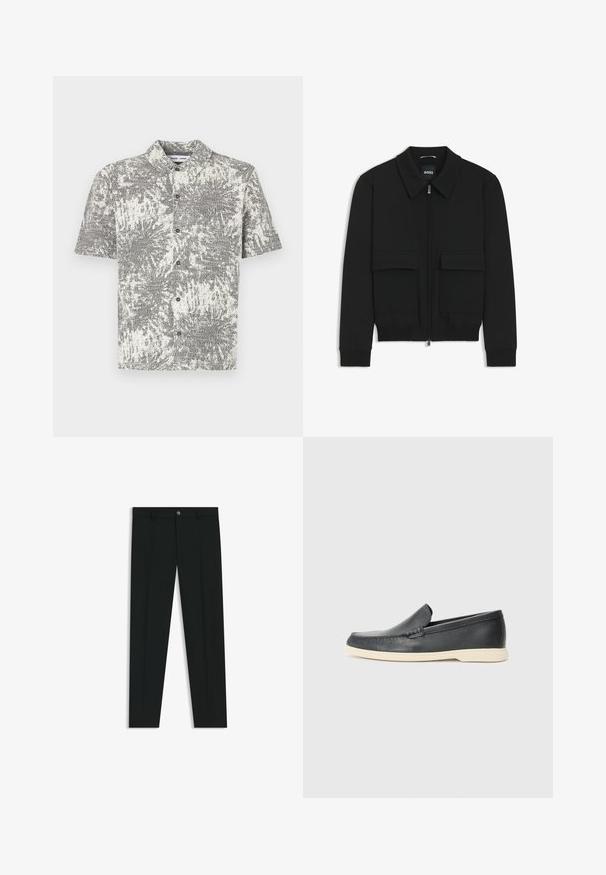 Chaqueta bomber negra con cuello tipo camisa, cierre frontal de cremallera y dos grandes bolsillos con solapa. Presenta puños ribeteados y dobladillo, confeccionada en tela texturizada.; Camisa de manga corta con botones y un patrón abstracto en blanco y negro. Cuenta con cuello y botones delanteros, confeccionada en una tela ligera.; Pantalones de vestir negros con un diseño de pierna recta, hechos de una tela suave. Cuentan con un cierre frontal de botón y lazos para cinturón. Liso, sin patrones.; Mocasines de piel negra sin cordones con un acabado texturizado y una suela de goma beige en contraste. Presentan un sutil acento en la parte frontal.