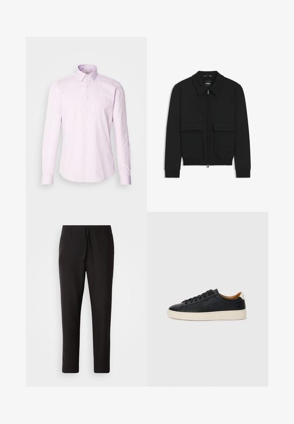 Czarna kurtka bomberka z kołnierzykiem, zapinana na zamek, z dwiema dużymi kieszeniami z klapami. Posiada ściągacze na mankietach i dole, wykonana z teksturowanej tkaniny.; Jasnoróżowa, długozdrowa koszula zapinana na guziki, wykonana z bawełny, z klasycznym kołnierzykiem, z przodu na guziki oraz z małym logo na piersi.; Czarne spodnie dresowe wykonane z gładkiego materiału. Posiadają elastyczny pas ze sznurkiem, zwężane nogawki oraz brak widocznych kieszeni. Prosty design.; Czarne skórzane trampki o gładkiej fakturze, jasnobrązowa gumowa podeszwa, sznurowana konstrukcja i kontrastujący akcent na pięcie.