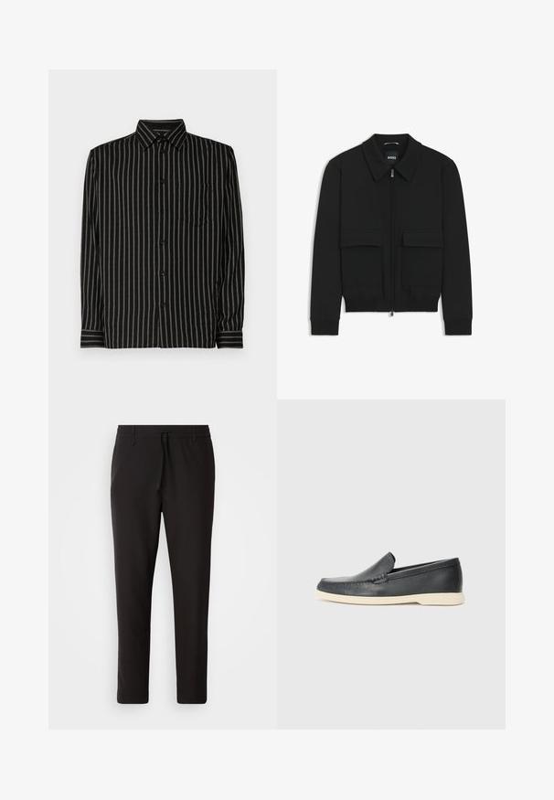 Schwarze Bikerjacke mit Kragen, Reißverschluss vorne und zwei großen Taschen mit Klappen. Mit Rippstrickbündchen und Saum, aus strukturiertem Stoff gefertigt.; Schwarzes Hemd mit vertikalen weißen Streifen, mit Kragen, langen Ärmeln, Brusttasche und Knopfverschluss. Der Stoff wirkt glatt und leicht.; Schwarze Jogginghose aus glattem Stoff. Mit einem elastischen Bund und Kordelzug, schmal zulaufenden Beinen und ohne sichtbare Taschen. Einfaches Design.; Schwarze Leder-Slipper mit strukturiertem Finish und einer kontrastierenden beige Gummisohle. Mit einem dezenten Akzent an der Vorderseite.