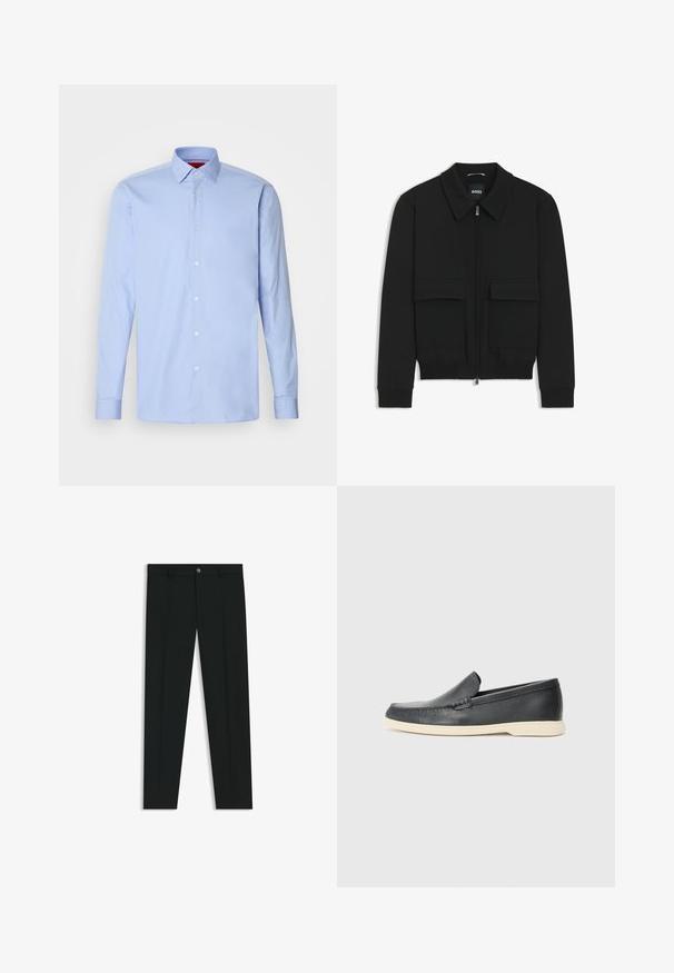 Czarna kurtka bomberka z kołnierzykiem, zapinana na zamek, z dwiema dużymi kieszeniami z klapami. Posiada ściągacze na mankietach i dole, wykonana z teksturowanej tkaniny.; Jasnoniebieska koszula z długim rękawem wykonana z bawełny, z klasycznym kołnierzykiem i zapięciem na guziki z białymi guzikami. Gładka tekstura.; Czarne spodnie materiałowe z prostymi nogawkami, wykonane z gładkiego materiału. Posiadają zamek na guzik z przodu oraz szlufki na pasek. Gładkie, bez wzorów.; Czarne skórzane slip-ony w stylu loafers z teksturowanym wykończeniem i kontrastującą beżową gumową podeszwą. Posiadają delikatny akcent wzdłuż przodu.