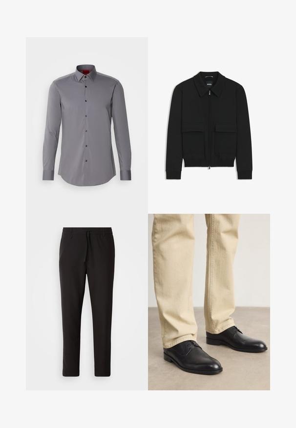 Black bomber jacket with a collared neck, zip front, and two large flap pockets. Features ribbed cuffs and hem, made of textured fabric.; Gray long-sleeve shirt made of smooth fabric, featuring a button-down collar and black buttons, designed with a curved hem and tailored fit.; Black jogger pants made of smooth fabric. Feature an elastic waistband with a drawstring, tapered legs, and no visible pockets. Simple design.; Black leather lace-up shoes with a rounded toe, smooth finish, and subtle stitching details, worn with light beige pants.