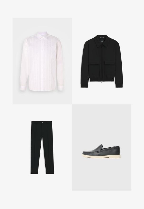 Chaqueta bomber negra con cuello tipo camisa, cierre frontal de cremallera y dos grandes bolsillos con solapa. Presenta puños ribeteados y dobladillo, confeccionada en tela texturizada.; Camisa blanca de manga larga con cuello clásico, que presenta detalles de pliegues verticales y cierre de botones en la parte delantera.; Pantalones de vestir negros con un diseño de pierna recta, hechos de una tela suave. Cuentan con un cierre frontal de botón y lazos para cinturón. Liso, sin patrones.; Mocasines de piel negra sin cordones con un acabado texturizado y una suela de goma beige en contraste. Presentan un sutil acento en la parte frontal.