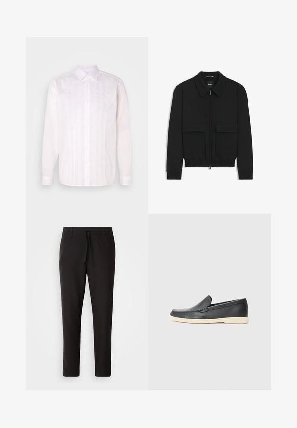 Chaqueta bomber negra con cuello tipo camisa, cierre frontal de cremallera y dos grandes bolsillos con solapa. Presenta puños ribeteados y dobladillo, confeccionada en tela texturizada.; Camisa blanca de manga larga con cuello clásico, que presenta detalles de pliegues verticales y cierre de botones en la parte delantera.; Pantalones de chándal negros de tejido suave. Cuentan con una cintura elástica con cordón, piernas ajustadas y sin bolsillos visibles. Diseño sencillo.; Mocasines de piel negra sin cordones con un acabado texturizado y una suela de goma beige en contraste. Presentan un sutil acento en la parte frontal.