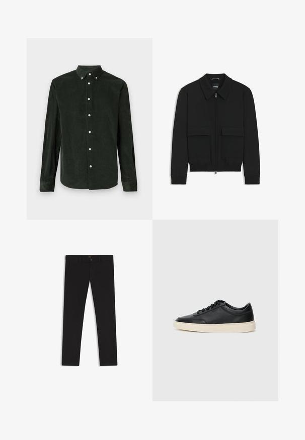Giacca bomber nera con colletto, chiusura a zip frontale e due grandi tasche con patta. Presenta polsini e orlo a costine, realizzata in tessuto testurizzato.; Camicia a maniche lunghe in corduroy verde scuro con colletto a bottoni su uno sfondo bianco.; Pantaloni neri realizzati in tessuto con una superficie liscia. Presentano una chiusura con bottone, passanti per cintura e tasche laterali. Design a gamba dritta standard.; Sneaker in pelle nera a basso profilo con lacci neri e suola avorio, mostrato di profilo su sfondo bianco.