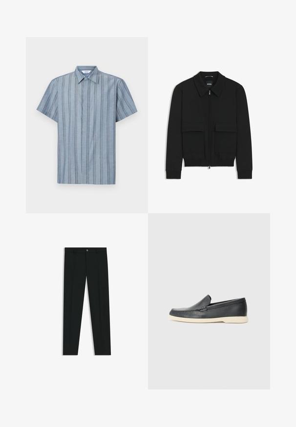 Musta pommikohva takki, jossa on kauluskulli, vetoketju etupuolella ja kaksi suurta läpällistä taskua. Varustettu ribbireunuksilla hihoissa ja helmassa, valmistettu teksturoituneesta kankaasta.; Lyhythihainen kauluspaita vaaleansinisestä kankaasta, jossa on pystysuoria raidoituksia. Ominaisuuksina teksturoitu kuvio ja suora helma.; Musta housut, joissa on suora lahje, valmistettu sileästä kankaasta. Edessä nappisulku ja vyölenkit. Yksinkertainen ilman kuvioita.; Mustat nahkakengät ilman nauhoja, joissa on teksturoitu pinta ja kontrastoiva beige kumipohja. Kengissä on hillitty yksityiskohta etuosassa.