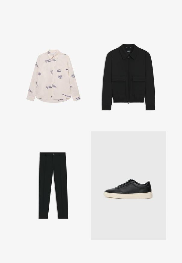 Zwarte bomberjack met een kraag, rits aan de voorkant en twee grote klepzakken. Heeft geribde manchetten en onderrand, gemaakt van textuurstof.; Lichtbeige lange mouw shirt met marineblauwe grafische ontwerpen en tekst. Beschikt over een kraag met knopen en een borstzak. Katoenen stof.; Zwarte dresspants met een recht pasvorm, gemaakt van een gladde stof. Heeft een sluiting met een knoop aan de voorkant en ceintuurlussen. Effen zonder patronen.; Zwarte leren sneaker met lage schacht, zwarte veters en off-white zool, weergegeven in zijprofiel op een witte achtergrond.
