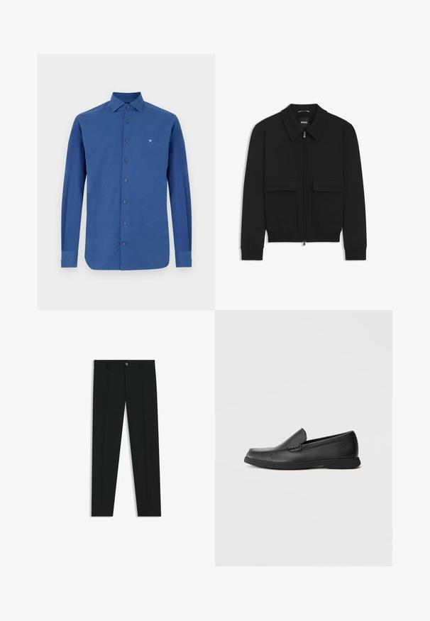 Chaqueta bomber negra con cuello tipo camisa, cierre frontal de cremallera y dos grandes bolsillos con solapa. Presenta puños ribeteados y dobladillo, confeccionada en tela texturizada.; Camisa azul de manga larga hecha de algodón, con un cierre frontal de botones, un cuello clásico y un sutil bordado del logo en el pecho.; Pantalones de vestir negros con un diseño de pierna recta, hechos de una tela suave. Cuentan con un cierre frontal de botón y lazos para cinturón. Liso, sin patrones.; Mocasín negro de cuero, sin cordones, con parte superior texturizada, punta redondeada, tacón bajo y suela de goma, mostrado en perfil lateral sobre un fondo blanco.