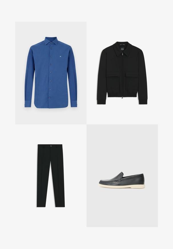 Zwarte bomberjack met een kraag, rits aan de voorkant en twee grote klepzakken. Heeft geribde manchetten en onderrand, gemaakt van textuurstof.; Blauw langemouwen shirt van katoen, met een knoopsluiting aan de voorkant, een klassieke kraag en subtiele logo-geborduurde op de borst.; Zwarte dresspants met een recht pasvorm, gemaakt van een gladde stof. Heeft een sluiting met een knoop aan de voorkant en ceintuurlussen. Effen zonder patronen.; Zwarte leren instappers met een gestructureerde afwerking en een contrasterende beige rubberen zool. Beschikt over een subtiele accent langs de voorkant.