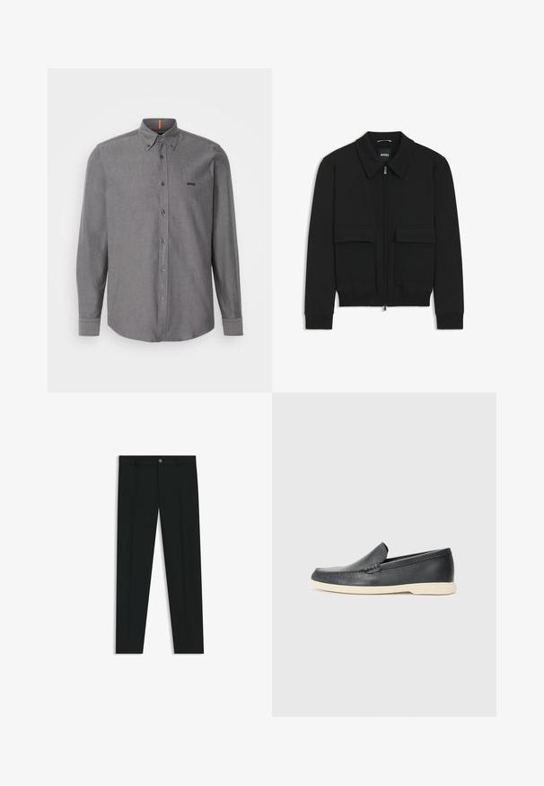 Giacca bomber nera con colletto, chiusura a zip frontale e due grandi tasche con patta. Presenta polsini e orlo a costine, realizzata in tessuto testurizzato.; Camicia grigia a maniche lunghe con bottoni, in misto cotone, con colletto a punta, tasca frontale e logo sul petto. Presenta un orlo curvo e polsini con bottone.; Pantaloni neri in tessuto lisci, con design a gamba dritta. Presentano una chiusura frontale con bottone e passanti per cintura. Senza fantasie.; Mocassini neri in pelle con finitura testurizzata e suola in gomma beige a contrasto. Presentano un accento sottile lungo la parte anteriore.