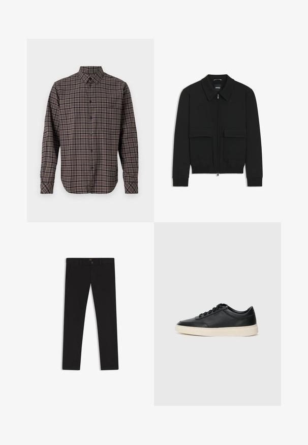 Musta pommikohva takki, jossa on kauluskulli, vetoketju etupuolella ja kaksi suurta läpällistä taskua. Varustettu ribbireunuksilla hihoissa ja helmassa, valmistettu teksturoituneesta kankaasta.; Tummanvihreä pitkähihainen flanellipaita, jossa on ruutukuosi vaaleanpunaisilla ja valkoisilla viivoilla, nappikiinnitys ja yksi rintatasku.; Mustat housut, jotka on valmistettu sileätekstiilisestä kankaasta. Varustettu nappikiinnityksellä, vyölenkeillä ja sivutaskuilla. Standardi suora lahjemalli.; Musta matalavartinen nahkastretchu, jossa on mustat nauhat ja vaaleanharmaa pohja, esitetty sivuprofiilissa valkoista taustaa vasten.