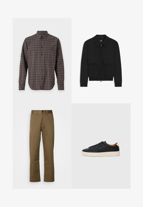 Musta pommikohva takki, jossa on kauluskulli, vetoketju etupuolella ja kaksi suurta läpällistä taskua. Varustettu ribbireunuksilla hihoissa ja helmassa, valmistettu teksturoituneesta kankaasta.; Tummanvihreä pitkähihainen flanellipaita, jossa on ruutukuosi vaaleanpunaisilla ja valkoisilla viivoilla, nappikiinnitys ja yksi rintatasku.; Ruske, räbaldiga püksid, mis on valmistatud kootud kangast. Omavad nupu sulgemist, küljetaskuid ja sujuvat tekstuuri. Kohandatud sobivus.; Mustat nahkasneakerit, joissa on sileä pinta, beige kumipohja, nauhakiinnitys ja erottuva kanta-aksentti.