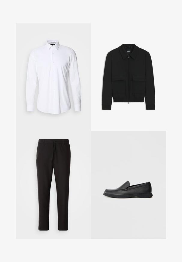 Black bomber jacket with a collared neck, zip front, and two large flap pockets. Features ribbed cuffs and hem, made of textured fabric.; White long-sleeve button-up shirt made of smooth fabric with a pointed collar and a regular fit. Features a front placket with six buttons.; Black jogger pants made of smooth fabric. Feature an elastic waistband with a drawstring, tapered legs, and no visible pockets. Simple design.; Black leather slip-on loafer with textured upper, rounded toe, low heel, and rubber sole, shown in side profile on white background.