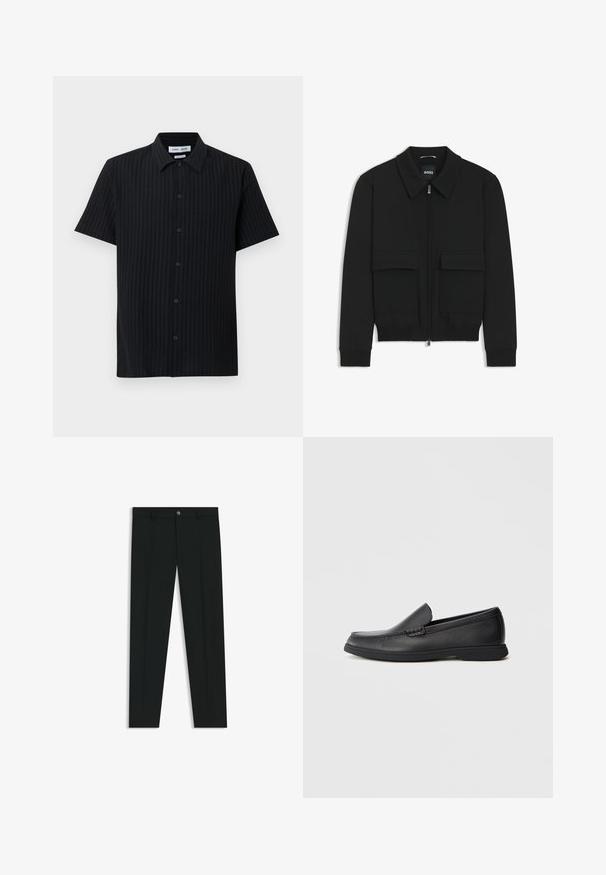 Svart bomberjacka med krage, dragkedja framtill och två stora klafffickor. Har ribbade mudd och nederkant, tillverkad av strukturerad tyg.; Svart skjorta med kort ärm som har ett strukturerat vertikalt randmönster, knäppning framtill och klassisk krage med avslappnad passform.; Svarta dressbyxor med rak bendesign, gjorda av ett mjukt tyg. Har stängning med frontknapp och bälteshällor. Enfärgade utan mönster.; Svart läder slip-on loafers med texturerad ovandel, rund tå, låg klack och gummisulor, visad i sidoprofil mot vit bakgrund.