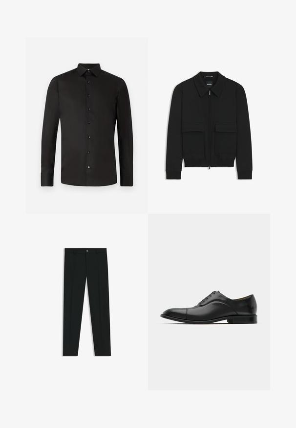 Giacca bomber nera con colletto, chiusura a zip frontale e due grandi tasche con patta. Presenta polsini e orlo a costine, realizzata in tessuto testurizzato.; Maglietta nera a maniche lunghe realizzata in tessuto liscio; presenta un colletto aperto, bottoni frontali e una vestibilità su misura. Colore semplice e uniforme senza motivi.; Pantaloni neri in tessuto lisci, con design a gamba dritta. Presentano una chiusura frontale con bottone e passanti per cintura. Senza fantasie.; Scarpa da uomo in pelle nera con texture liscia, punta arrotondata e cinque occhielli. Presenta un tacco basso impilato e dettagli di cucitura sottili.