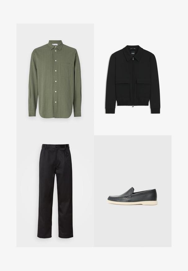 Black bomber jacket with a collared neck, zip front, and two large flap pockets. Features ribbed cuffs and hem, made of textured fabric.; Long-sleeve shirt in olive green, textured fabric, button-up front, single chest pocket, and classic collar.; Black trousers made of smooth fabric, featuring a front button closure, pleats, and straight legs. No visible patterns or accents.; Black leather slip-on loafers with a textured finish and a contrasting beige rubber sole. Features a subtle accent along the front.