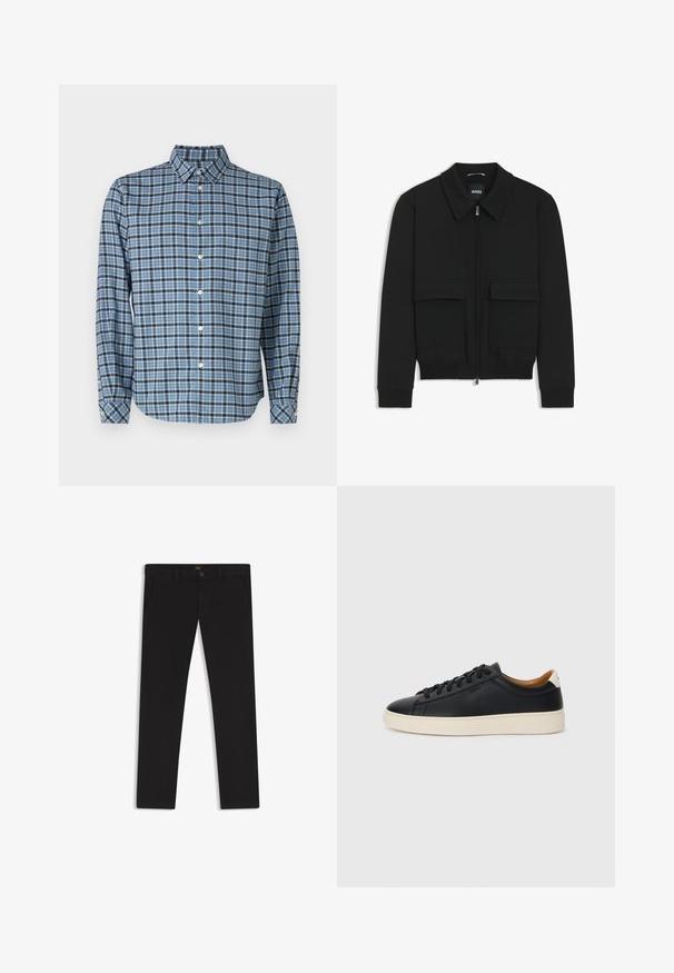 Zwarte bomberjack met een kraag, rits aan de voorkant en twee grote klepzakken. Heeft geribde manchetten en onderrand, gemaakt van textuurstof.; Button-down shirt van geweven katoen, blauw en zwart geruit patroon, lange mouwen, kraag, witte knopen en verstelbare manchetten.; Zwarte broek van stof met een gladde textuur. Bevat een knoopsluiting, riemlussen en zijzakken. Standaard straight-leg ontwerp.; Zwarte leren sneakers met een gladde textuur, beige rubberen zool, vetersluiting en een contrasterende hielaccent.