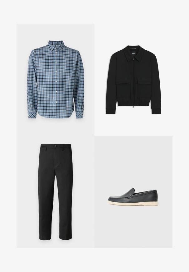 Black bomber jacket with a collared neck, zip front, and two large flap pockets. Features ribbed cuffs and hem, made of textured fabric.; Button-up shirt in woven cotton, blue and black plaid pattern, long sleeves, collar, white buttons, and adjustable cuffs.; Black trousers with a straight cut, made from smooth fabric. Features a button closure and belt loops. No visible patterns or accents.; Black leather slip-on loafers with a textured finish and a contrasting beige rubber sole. Features a subtle accent along the front.