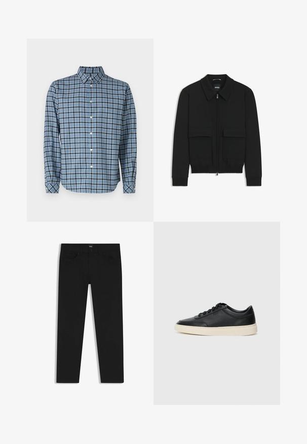 Giacca bomber nera con colletto, chiusura a zip frontale e due grandi tasche con patta. Presenta polsini e orlo a costine, realizzata in tessuto testurizzato.; Camicia a maniche lunghe con bottoni, in cotone tessuto, fantasia a quadri blu e nera, colletto, bottoni bianchi e polsini regolabili.; Pantaloni in denim nero con taglio dritto, dotati di vita standard, cinque tasche e chiusura con bottone. Texture liscia su tutta la superficie.; Sneaker in pelle nera a basso profilo con lacci neri e suola avorio, mostrato di profilo su sfondo bianco.