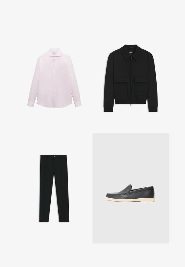Zwarte bomberjack met een kraag, rits aan de voorkant en twee grote klepzakken. Heeft geribde manchetten en onderrand, gemaakt van textuurstof.; Roze langemouwen shirt met een klassieke kraag, zeven witte knopen aan de voorkant en een gebogen zoom. Glad, lichtgewicht stof.; Zwarte dresspants met een recht pasvorm, gemaakt van een gladde stof. Heeft een sluiting met een knoop aan de voorkant en ceintuurlussen. Effen zonder patronen.; Zwarte leren instappers met een gestructureerde afwerking en een contrasterende beige rubberen zool. Beschikt over een subtiele accent langs de voorkant.