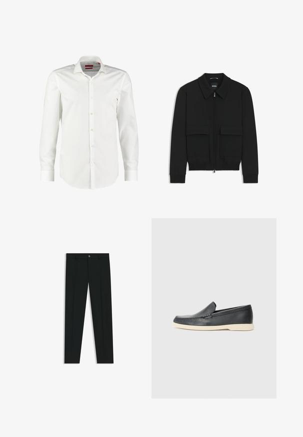Schwarze Bikerjacke mit Kragen, Reißverschluss vorne und zwei großen Taschen mit Klappen. Mit Rippstrickbündchen und Saum, aus strukturiertem Stoff gefertigt.; Weißes Langarmhemd mit Knopfleiste aus glattem Baumwollstoff. Verfügt über einen klassischen Kragen, eine saubere Vorderseite und geknöpfte Manschetten.; Schwarze Anzughosen mit geradem Bein, aus glattem Stoff. Mit Knopfverschluss vorne und Gürtelschlaufen. Schlicht ohne Muster.; Schwarze Leder-Slipper mit strukturiertem Finish und einer kontrastierenden beige Gummisohle. Mit einem dezenten Akzent an der Vorderseite.
