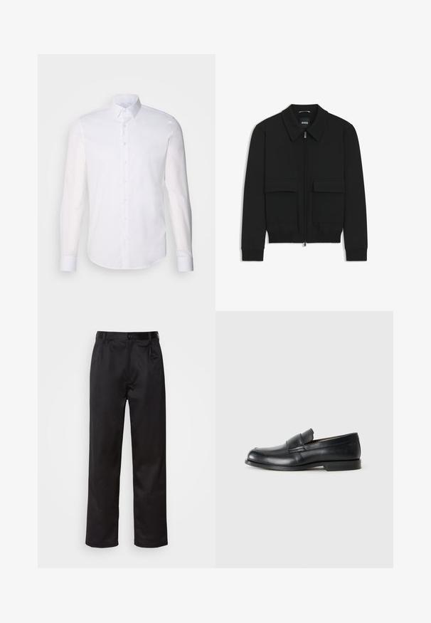 Zwarte bomberjack met een kraag, rits aan de voorkant en twee grote klepzakken. Heeft geribde manchetten en onderrand, gemaakt van textuurstof.; Witte lange mouwen overhemd met knopen, gemaakt van katoen, voorzien van een klassieke kraag, voorkant met knopen en minimale stikdetails.; Zwarte broek van een gladde stof, met een sluiting met een knoop aan de voorkant, plooien en rechte pijpen. Geen zichtbare patronen of accenten.; Zwarte leren instappers met een ronde neus, gestikte details en een vlakke rubberen zool. Heeft een brede band over de wreef.