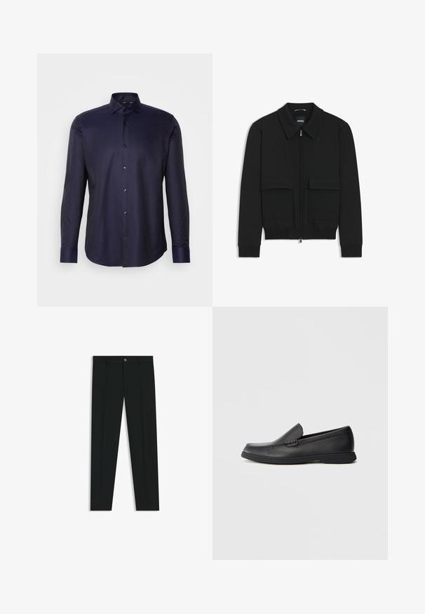 Svart bomberjacka med krage, dragkedja framtill och två stora klafffickor. Har ribbade mudd och nederkant, tillverkad av strukturerad tyg.; Mörkblå långärmad skjorta, gjord av glatt tyg, med en subtil textur, knäppning framtill och matchande mörka knappar.; Svarta dressbyxor med rak bendesign, gjorda av ett mjukt tyg. Har stängning med frontknapp och bälteshällor. Enfärgade utan mönster.; Svart läder slip-on loafers med texturerad ovandel, rund tå, låg klack och gummisulor, visad i sidoprofil mot vit bakgrund.