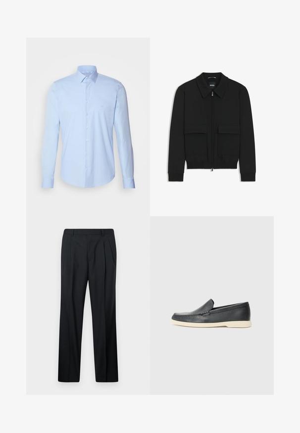 Zwarte bomberjack met een kraag, rits aan de voorkant en twee grote klepzakken. Heeft geribde manchetten en onderrand, gemaakt van textuurstof.; Lichtblauw button-down overhemd van katoen, met een klassieke kraag, lange mouwen en een klein logo op de borst. Houterige textuur.; Zwarte pantalon met plooien, gemaakt van gladde stof. Heeft een rechte pasvorm, tailleband met lussen en geen zakken. Eenvoudig ontwerp.; Zwarte leren instappers met een gestructureerde afwerking en een contrasterende beige rubberen zool. Beschikt over een subtiele accent langs de voorkant.