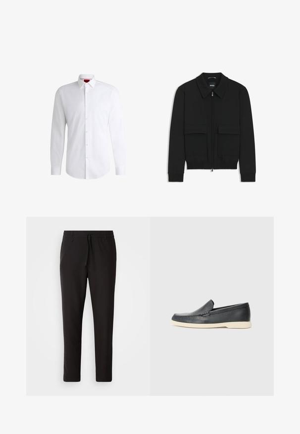 Black bomber jacket with a collared neck, zip front, and two large flap pockets. Features ribbed cuffs and hem, made of textured fabric.; White button-up shirt made of smooth fabric with a classic collar, long sleeves, and a curved hem. Features beige buttons on the front.; Black jogger pants made of smooth fabric. Feature an elastic waistband with a drawstring, tapered legs, and no visible pockets. Simple design.; Black leather slip-on loafers with a textured finish and a contrasting beige rubber sole. Features a subtle accent along the front.