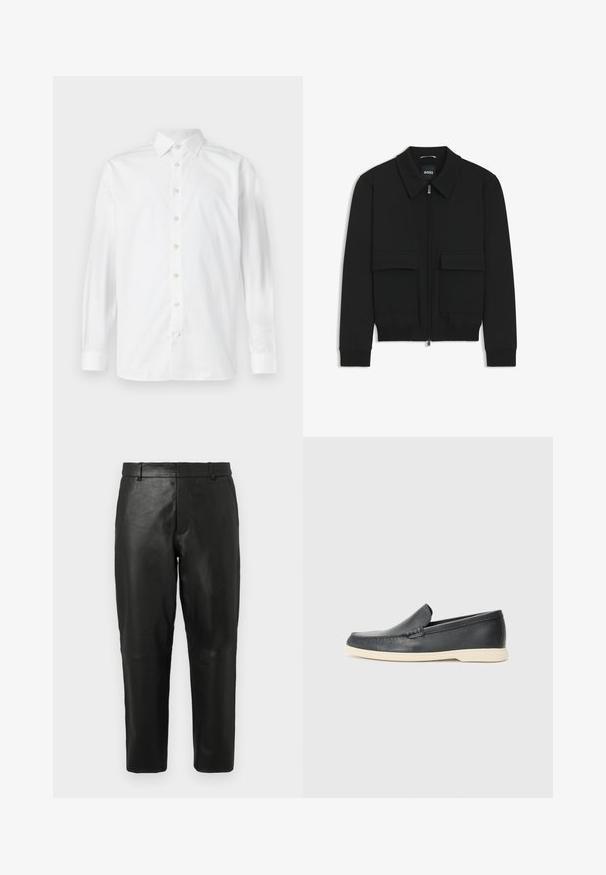 Zwarte bomberjack met een kraag, rits aan de voorkant en twee grote klepzakken. Heeft geribde manchetten en onderrand, gemaakt van textuurstof.; Witte lange mouwen overhemd met een klassieke kraag, knoopsluiting en subtiele textuur, met een gebogen zoom en knoopmanchetten.; Zwarte leren rechte broek met riemlussen en zijzakken, weergegeven tegen een effen lichte achtergrond.; Zwarte leren instappers met een gestructureerde afwerking en een contrasterende beige rubberen zool. Beschikt over een subtiele accent langs de voorkant.