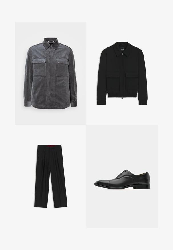 Zwarte bomberjack met een kraag, rits aan de voorkant en twee grote klepzakken. Heeft geribde manchetten en onderrand, gemaakt van textuurstof.; Zwart en grijs gestreepte corduroy overhemden met een kenthekraag, twee borstzakken en lange mouwen. Getextureerde stof met een gladde afwerking.; Zwarte wijde broek met een vlakke voorkant, twee zijzakken, geplooid ontwerp en een contrasterende rode binnenband.; Zwarte leren jurk schoen met een gladde textuur, ronde neus en vijf veterogen. Beschikt over een lage gestapelde hak en subtiele naaddetails.