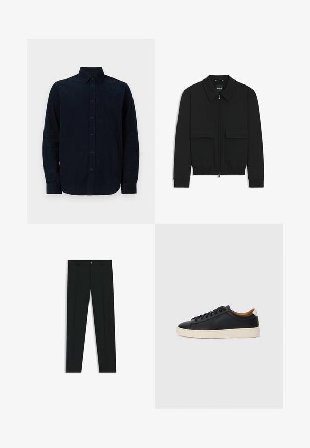 Zwarte bomberjack met een kraag, rits aan de voorkant en twee grote klepzakken. Heeft geribde manchetten en onderrand, gemaakt van textuurstof.; Marineblauwe overhemd met lange mouwen van gestructureerde stof, voorzien van een knoopsluiting aan de voorkant, een puntkraag en knoopmanchetten.; Zwarte dresspants met een recht pasvorm, gemaakt van een gladde stof. Heeft een sluiting met een knoop aan de voorkant en ceintuurlussen. Effen zonder patronen.; Zwarte leren sneakers met een gladde textuur, beige rubberen zool, vetersluiting en een contrasterende hielaccent.