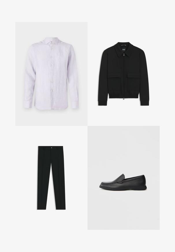 Svart bomberjacka med krage, dragkedja framtill och två stora klafffickor. Har ribbade mudd och nederkant, tillverkad av strukturerad tyg.; Ljus lavendel långärmad linneskjorta med knäppbar krage, framknappar och subtil textur. Litet logotyp på bröstet.; Svarta dressbyxor med rak bendesign, gjorda av ett mjukt tyg. Har stängning med frontknapp och bälteshällor. Enfärgade utan mönster.; Svart läder slip-on loafers med texturerad ovandel, rund tå, låg klack och gummisulor, visad i sidoprofil mot vit bakgrund.