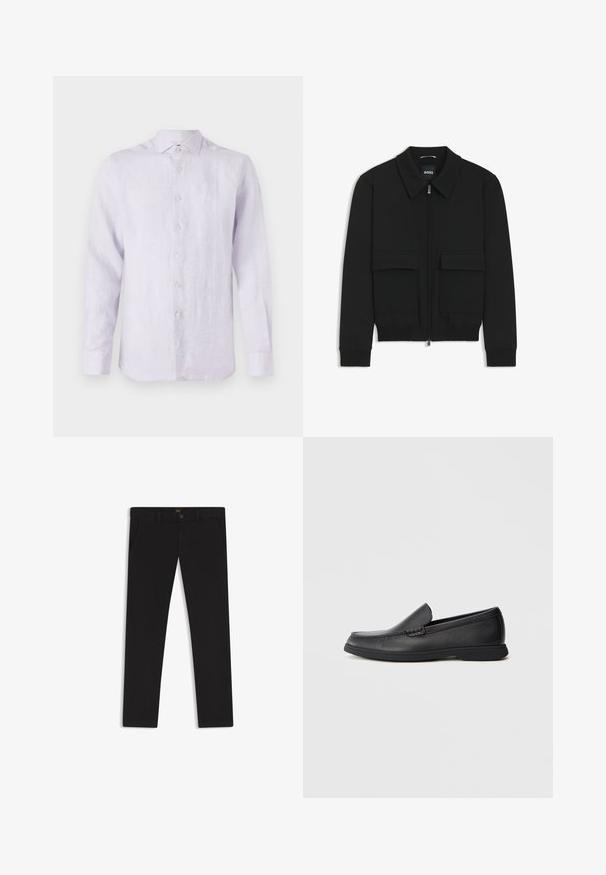 Czarna kurtka bomberka z kołnierzykiem, zapinana na zamek, z dwiema dużymi kieszeniami z klapami. Posiada ściągacze na mankietach i dole, wykonana z teksturowanej tkaniny.; Jasnolawendowa lniana koszula z długim rękawem, z kołnierzykiem zapinanym na guziki, guzikami z przodu oraz subtelną teksturą. Małe logo na piersi.; Czarne spodnie uszyte z materiału o gładkiej teksturze. Posiadają zapięcie na guzik, szlufki na pasek oraz boczne kieszenie. Standardowy krój prostych nogawek.; Czarne skórzane mokasyny wsuwane z teksturowaną cholewką, okrągłym noskiem, niskim obcasem i gumową podeszwą, przedstawione w profilu bocznym na białym tle.