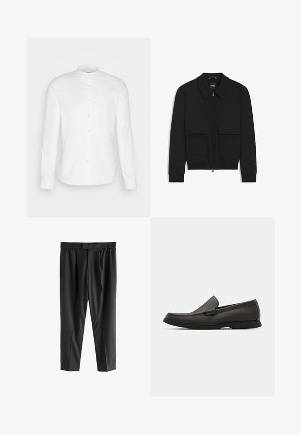 Chaqueta bomber negra con cuello tipo camisa, cierre frontal de cremallera y dos grandes bolsillos con solapa. Presenta puños ribeteados y dobladillo, confeccionada en tela texturizada.; Camisa blanca de manga larga con cuello mandarín y tapeta delantera. Hecha de algodón, presenta una textura suave y cierre de botones.; Next REGULAR FIT -CHECK SMART - Pantalones chinos - black; Mocasines de cuero marrón oscuro con punta redondeada, detalles de costura sutil y suela de goma baja. Textura suave con un ajuste flexible.