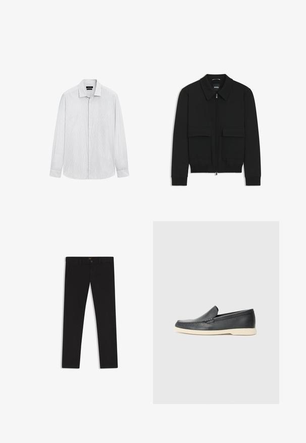 Schwarze Bikerjacke mit Kragen, Reißverschluss vorne und zwei großen Taschen mit Klappen. Mit Rippstrickbündchen und Saum, aus strukturiertem Stoff gefertigt.; Weißes Langarm-Hemdkleid für Herren mit dünnen vertikalen grauen Streifen, Knopfverschluss vorne und Kentkragen.; Schwarze Hosen aus einem Stoff mit glatter текстуре. Verfügt über einen Knopfverschluss, Gürtelschlaufen und Seitentaschen. Klassisches Design mit geradem Bein.; Schwarze Leder-Slipper mit strukturiertem Finish und einer kontrastierenden beige Gummisohle. Mit einem dezenten Akzent an der Vorderseite.