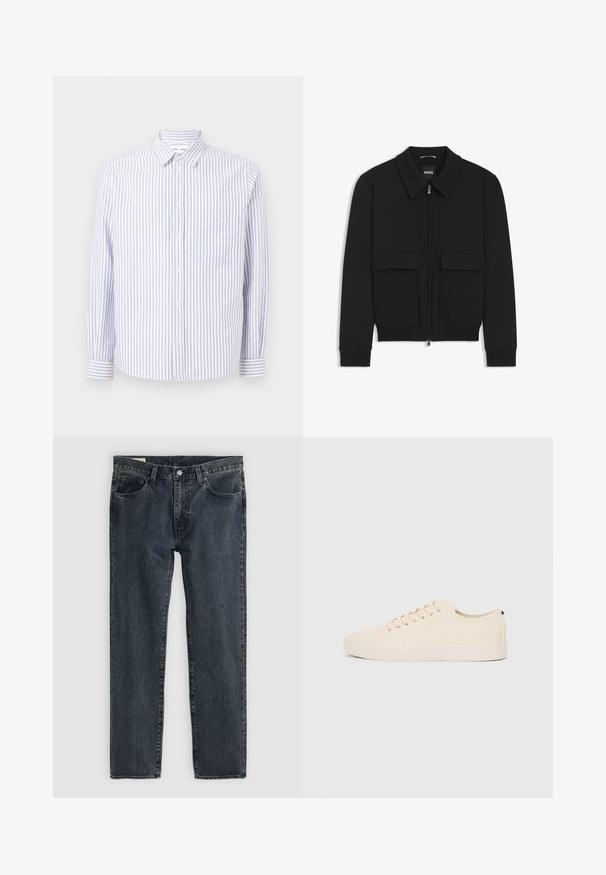 Schwarze Bikerjacke mit Kragen, Reißverschluss vorne und zwei großen Taschen mit Klappen. Mit Rippstrickbündchen und Saum, aus strukturiertem Stoff gefertigt.; Gestreiftes Button-Up-Hemd in Hellblau und Weiß. Mit einem spitzen Kragen, langen Ärmeln und einer einzelnen Brusttasche. Aus Baumwollstoff.; Dunkelblaue Jeans aus Denim mit geradem Bein, fünf Taschen und einem Knopfverschluss. Der Stoff weist eine subtile Ausbleichung und Textur auf.; Beige Leinensneaker mit runder Zehenpartie, flacher Gummisohle und Schnürung. Verfügt über ein minimalistisches Design und einen kontrastierenden schwarzen Akzent an der Ferse.