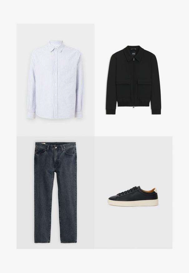Black bomber jacket with a collared neck, zip front, and two large flap pockets. Features ribbed cuffs and hem, made of textured fabric.; Striped button-up shirt in light blue and white. Features a pointed collar, long sleeves, and a single chest pocket. Cotton fabric.; Dark blue denim jeans with a straight leg design, five pockets, and a button-fly closure. The fabric shows a subtle fade and texture.; Black leather sneakers with a smooth texture, beige rubber sole, lace-up design, and a contrasting heel accent.